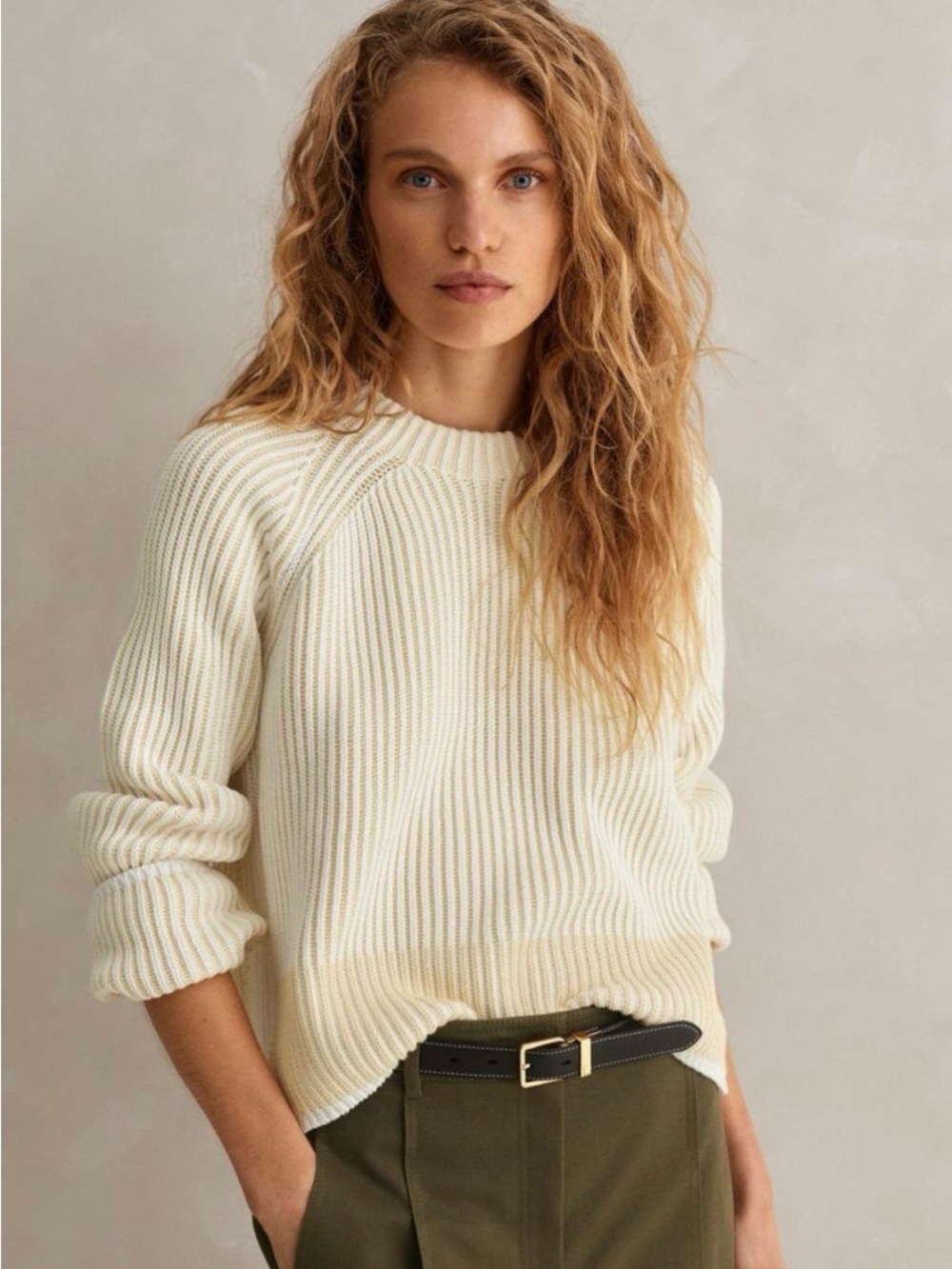 ME+ EM Ribbed Soft Touch Weekend Sweater White Cream Cotton M Quiet Luxury